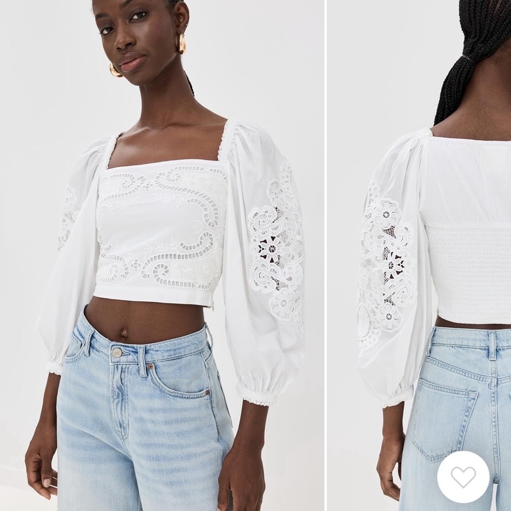 FARM Rio White Eyelet Puff-Sleeve Cropped Blouse